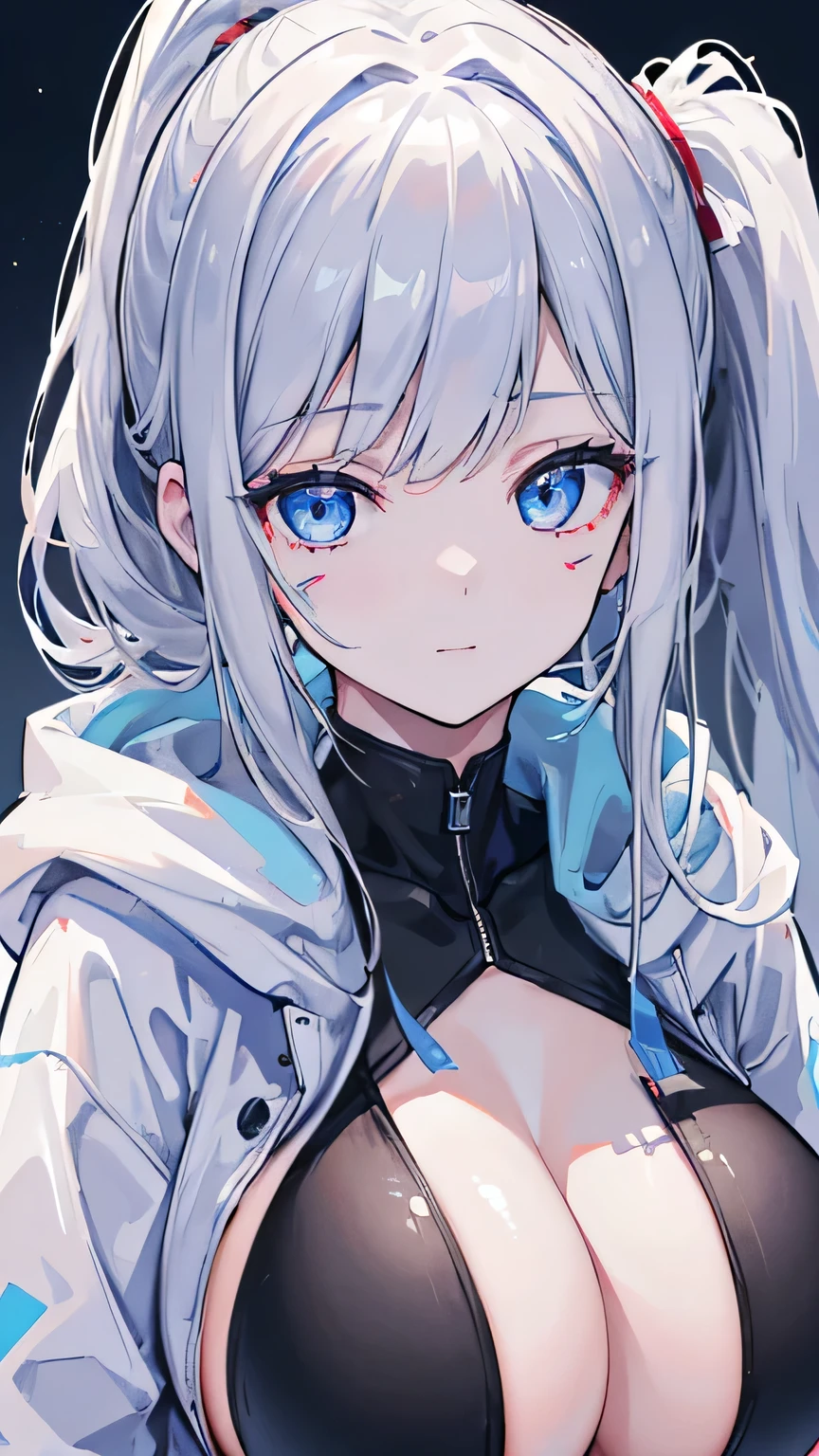 ((Not suitable for working hours)) ((best quality、high resolution、Extremely detailed face, 8K、masterpiece:1.8))、Dynamic Angle、Full body view 、wallpaper、1 girl、gorgeous、Extreme beauty、Super detailed face、Exquisite eyes、blue eyes, Charming smile、Sexy look、Shirt lifted up teasing, Looking at the camera、Boundary depth written、Light Particles、Side Light、Ponytail、Silver Hair、White Hoodie、black, Lovely, Cropped hoodie underboob, Exposing the lower breast, Huge breasts, White, sports shoes、slim、slim、Street Park ,