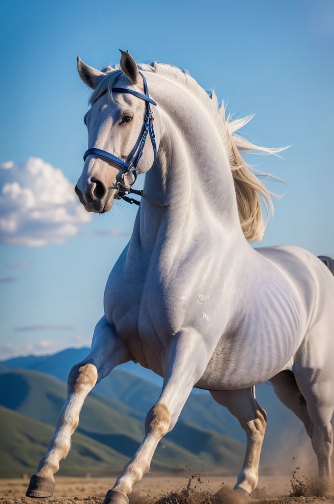 (masterpiece, 最high quality, high quality, High resolution:1.4), detailed,Soft indirect lighting, 4K,blue sky，Mongolia，White horse and ，running