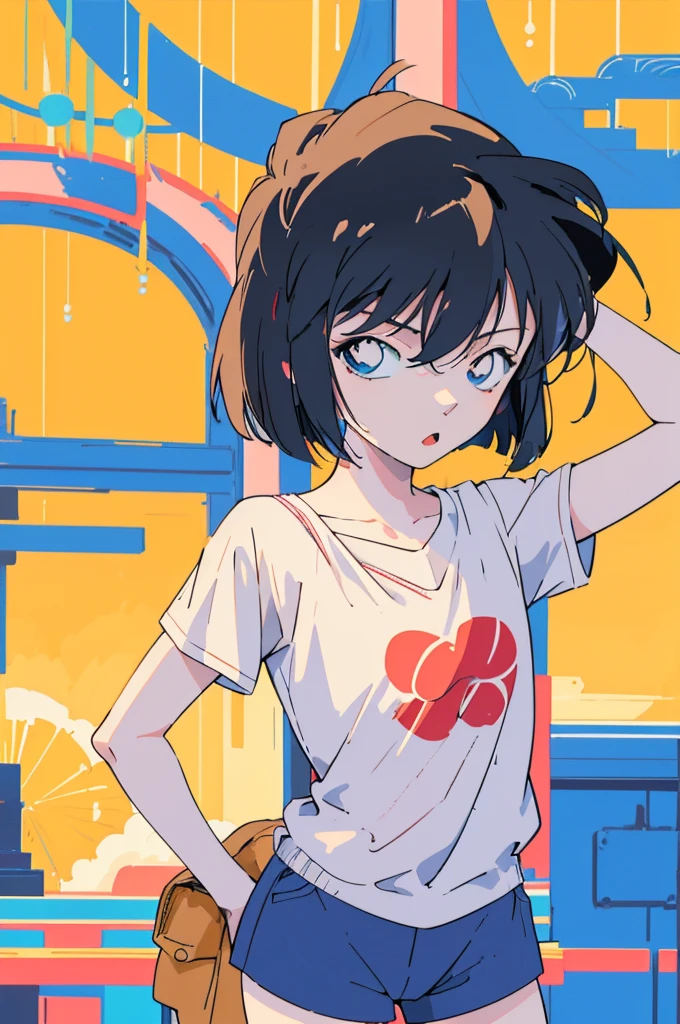 anime style, (1girl in, Solo:1.0), (Haibara Ai), ((Short pants)), (((Big eyes))), (Cute anime girl head), (flat chest),looking at viewer,With a height of 100cm, shoot from front, (head shot), Simple line minimalism, Abstract Art, City background, anime opening movie