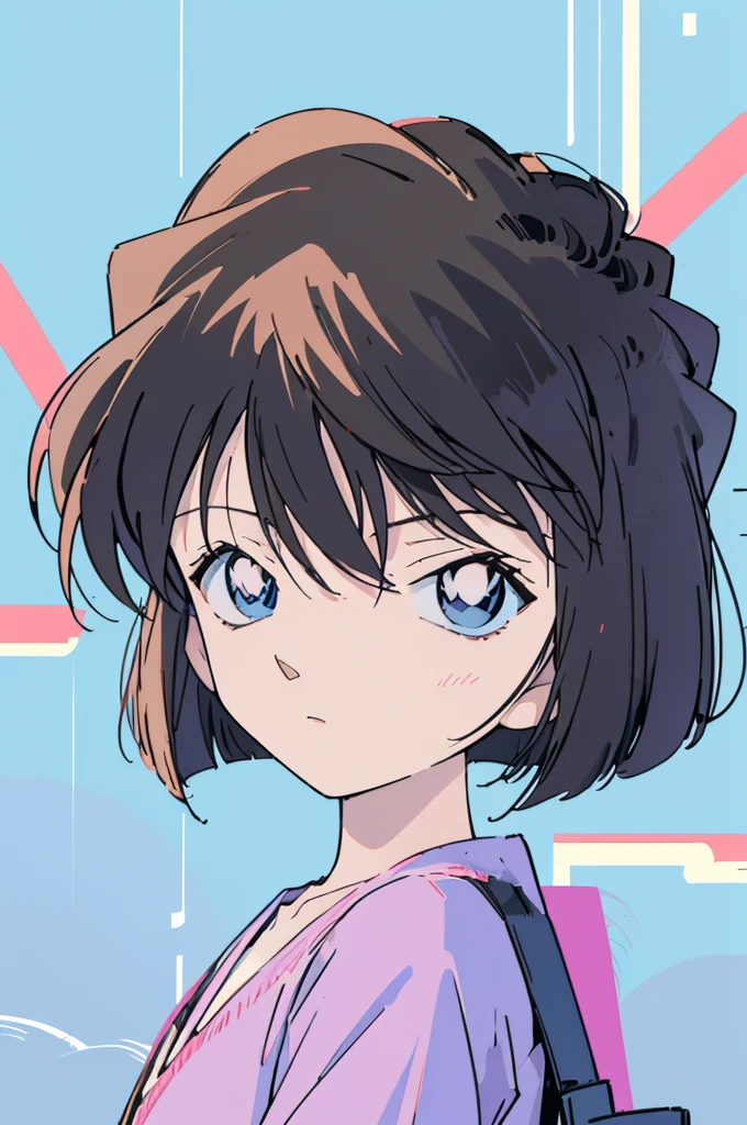 anime style, (1girl in, Solo:1.0), (Haibara Ai), ((Short pants)), (((Big eyes))), (Cute anime girl head), (flat chest),looking at viewer,With a height of 100cm, shoot from front, (head shot), Simple line minimalism, Abstract Art, City background, anime opening movie