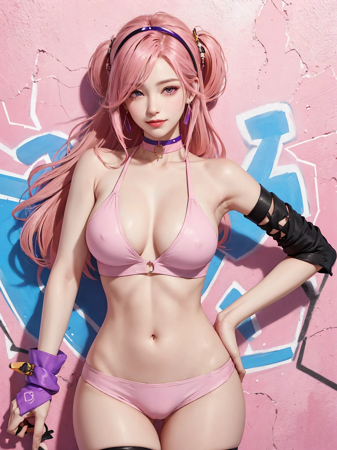 (Masterpiece, best quality, 1 girl, alone, complicated details, Chromatic aberration), realistic, ((Moderate breath)),long hair, pink hair, Red headpiece, Pink Highlights, hair on one eye,purple eyes, earring, sharp eyes, choker, Neon coat, She wears a collar, bangle, and kimono style garters., crop top, (symmetrical eyes),(Perfect symmetrical body),, Brick wall, (colorful graffiti words on the wall:1.2), The light is dim., alley ,Look at the viewer.、Dig the chest、smile、(sleeveless、Navel touch、Fitted turtleneck.)、street string hot pants、Thin bottom、Please build above the eaves..、Thin shoulders、in 、