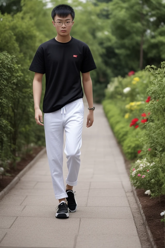 21 year old Beijing boy, he is wearing a oversize xxl white t-shirt, he is wearing black trousers, he is wearing sneakers, he is wearing glasses, Garden, full body, he is buzz cut Hair, foot, walking