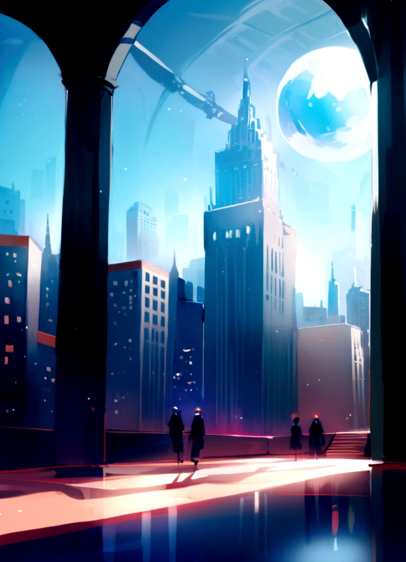 inside a luxury office building, tall columns, vaulted ceilings, spacious hall, interior of the future, space academy interior, behind the high arched windows there is a city with skyscrapers, spaceships fly across the sky, frame from the floor, illustration, white-gray shades,  (((people are missing))), illustration для фона, even lighter, the close-up is clear with high detail