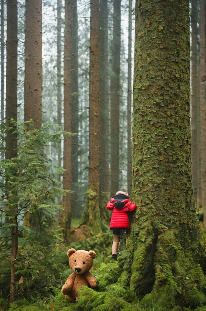 girl photo teddy bear in hand The back of the girl is in a dense forest with tall trees. Mysterious, scary, faint mist