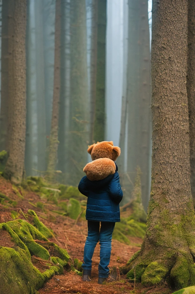 girl photo teddy bear in hand The back of the girl is in a dense forest with tall trees. Mysterious, scary, faint mist