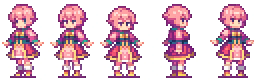 the very same person character chips , masterpiece , 6 poses (put out one's left foot , put out one's right foot , 2 front-facing poses , 2 back poses),best quality , pixel , pixel art , xiangsu , xiang su , sequence frames , walking , 1 girl , fantasy clothes , full body , white background , heroine , deformed , sexy , chibi , Highly Exposed , pink clothes , pink hair , walking frame