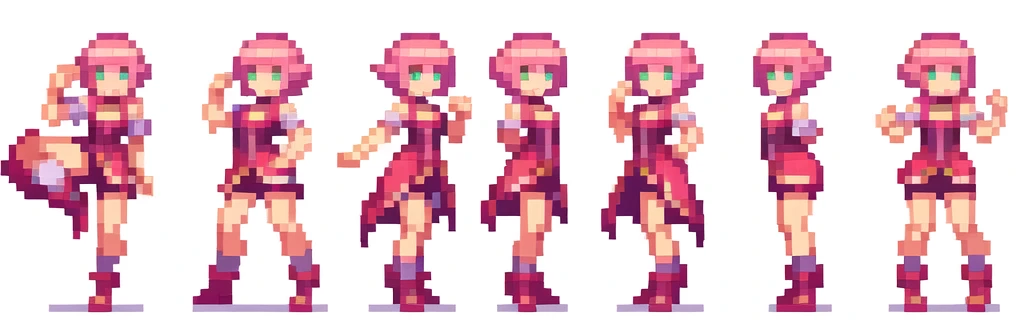 the very same person character chips , masterpiece ,  6 poses (put out one's left foot , put out one's right foot , 2 front-facing poses , 2 back poses),best quality , pixel , pixel art , xiangsu , xiang su , sequence frames  ,  walking , 1 girl , fantasy clothes , full body , white background , heroine , deformed , sexy , chibi  , Highly Exposed , pink clothes , pink hair , walking frame