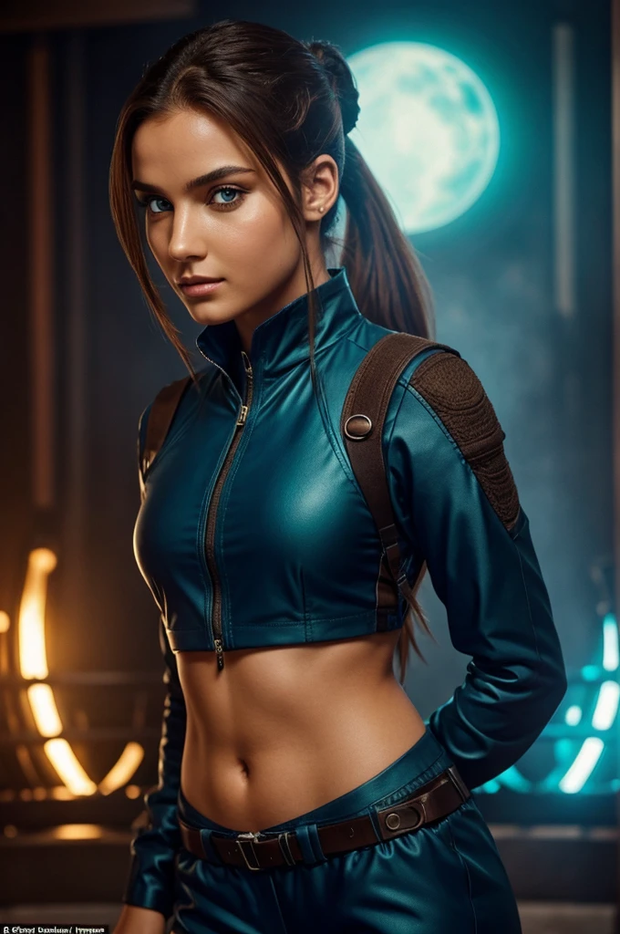The Star is 25 years old, born on Mars, she is a stellar navigator, and her body type is dragon, She wears a dark blue jumpsuit, black combat boots , russet hair,long and tied in a ponytail, and her physiognomy is: a thin face, brown skin, and she has heterochromia (one brown and one green eye ). She has some dragon characteristics