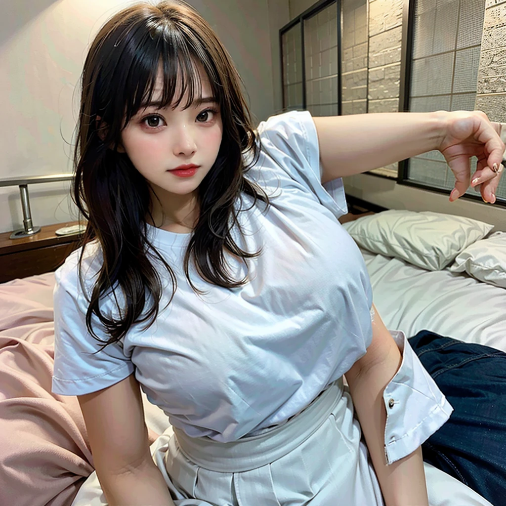 An women sitting on the bed, wearing white T shirt, short skirt, huge tits, plumping body, big thigh, natural big breast, show shoulder