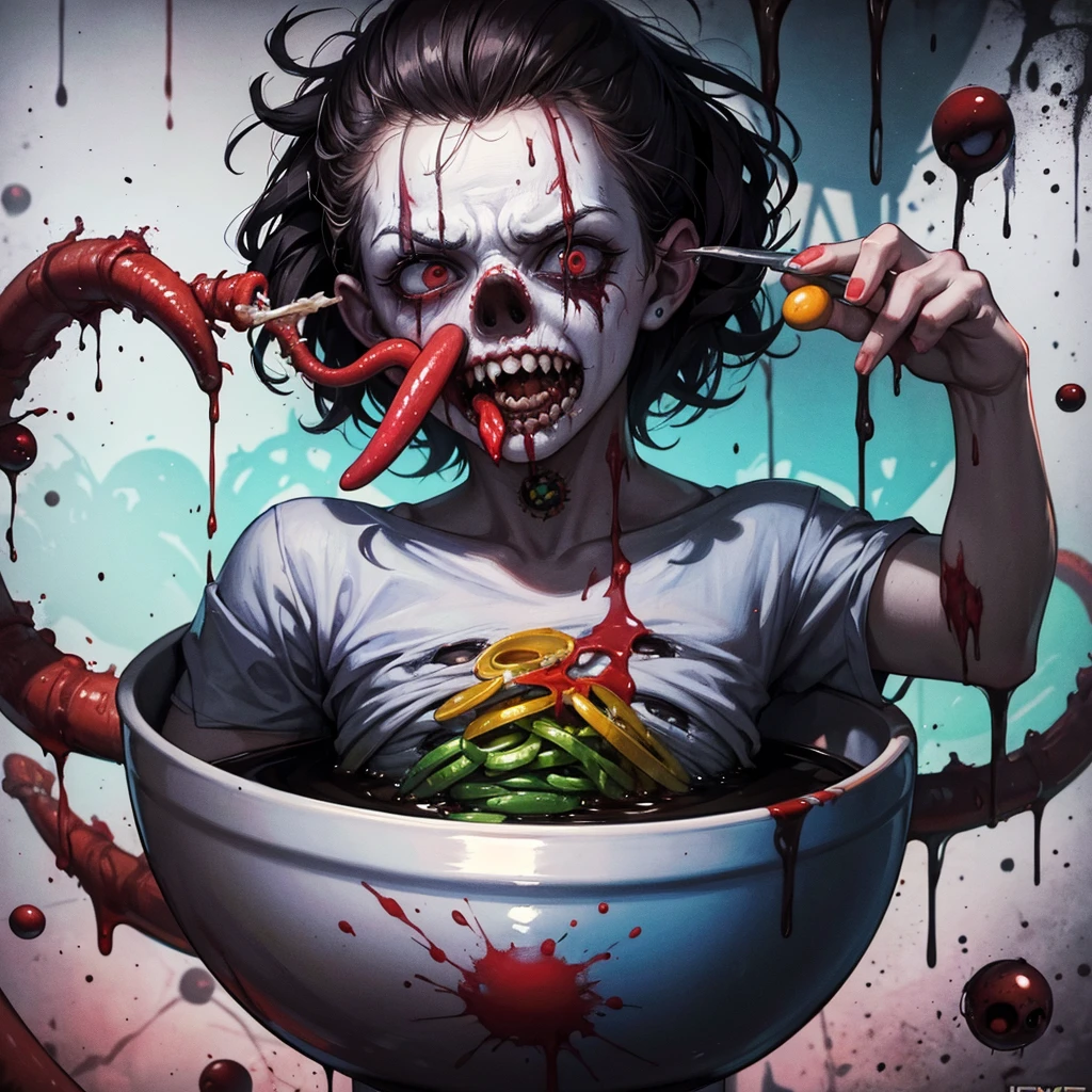 a painting of a zombie eating a bowl of PILLS, a hyperrealistic painting, by Jason Edmiston, cutecore clowncore, tentacle creature mix, horror wallpaper aesthetic, greg beeple, clown, art depicting control freak, cutout, kill -blur art, rendering, horrifying