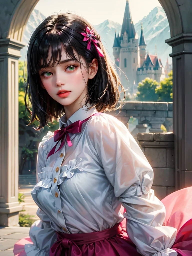 A girl, breast. She wears a white shirt white shirt with collar and a fuchsia ribbon