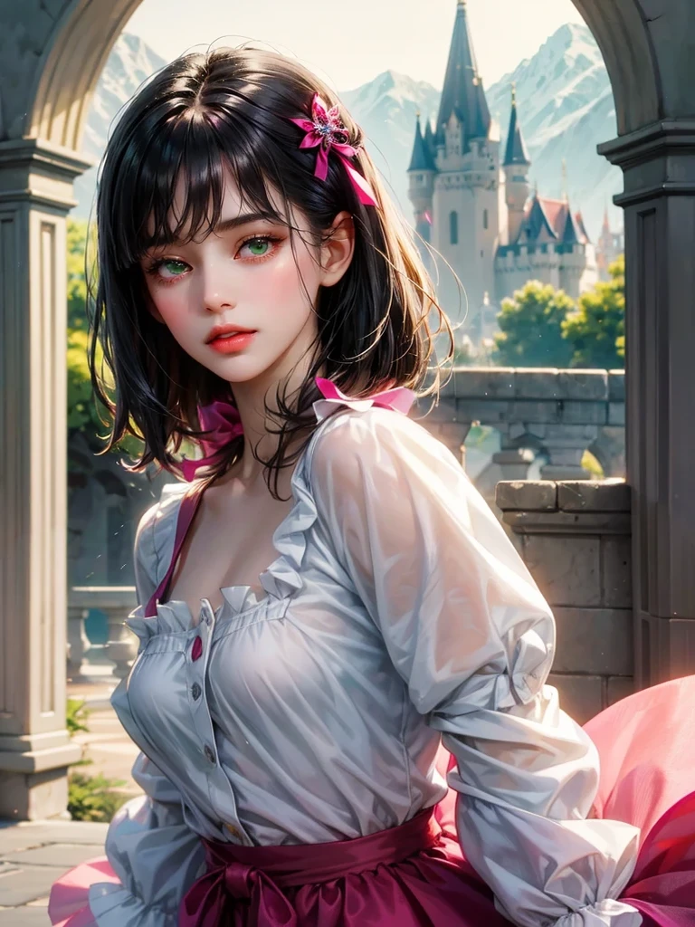 A girl, small breast. She wears a white shirt white shirt with collar and a fuchsia ribbon