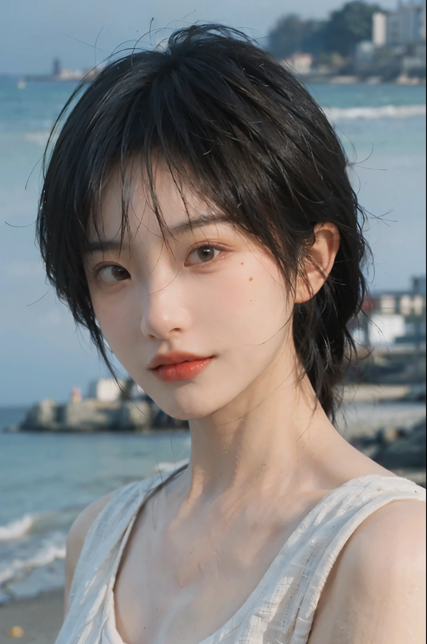 (Skin details:1.4), (Smooth skin texture:1.3), Direct vision, earrings, serene, calm, (Realistic and detailed eyes:1.2), Natural skin texture, Realistic facial details, Soft dramatic lighting, Vivid details, 35 mm film, outdoor, (Photo actual:1.4), (hyper actual:1.4), (actual:1.3), (Smoother lighting:1.05), (Improve lighting quality:0.9), (Highest quality real skin textures:1.4), Exquisite eyes, Delicate face, (Close-up of face, (Enhance the beauty of skin texture:1.1), Hair details, Noble temperament, Normal body proportions, short hair, mole under eye, Seaside background, seaside, Portrait Photography, Depth of Field, Bokeh, Surrealism, Ray tracing, (Portrait Photography:1.1), Surrealism, high detail, chiaroscuro, ray tracing, reflection light, UHD, UHD, masterpiece, textured skin, super detail, high details, high quality, best quality