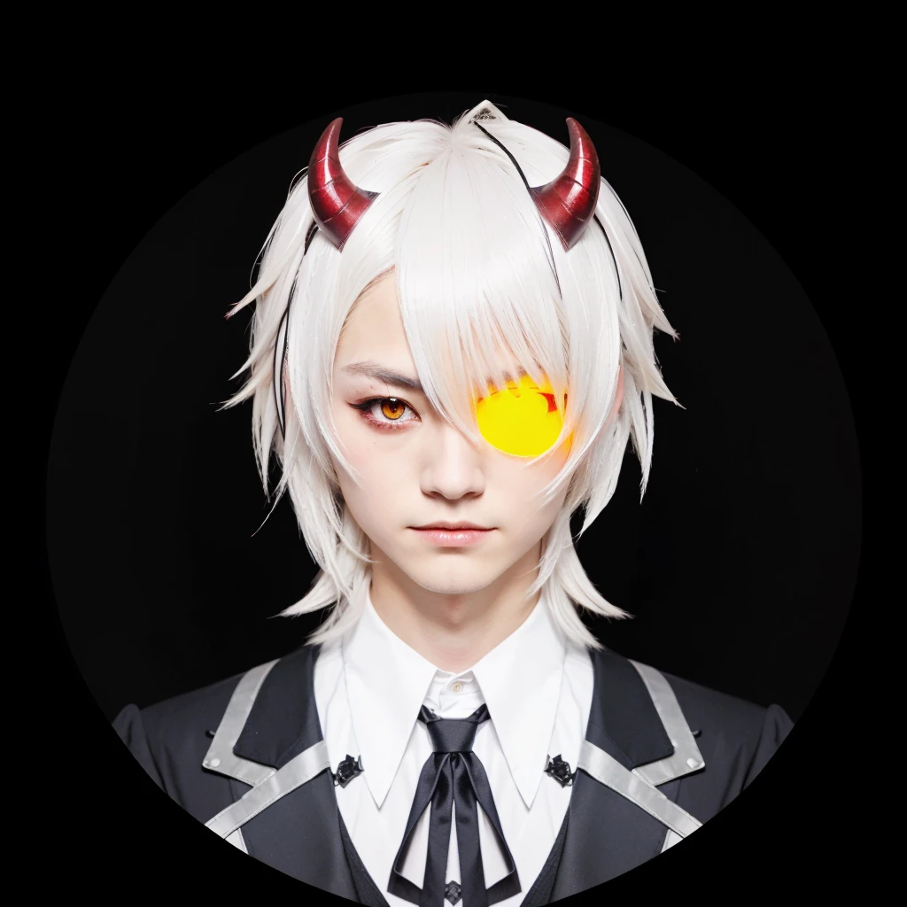 there is a man with horns and a tie wearing a devil costume, handsome japanese demon boy, neferpitou, 2 b, 2b, portrait demon half human, demon boy, wataru kajika, eyepatch, 2 d Japanese boy style, l vampire, with glowing eyes