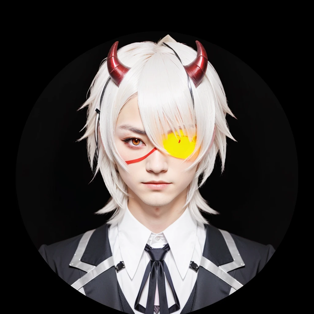 there is a man with horns and a tie wearing a devil costume, handsome japanese demon boy, neferpitou, 2 b, 2b, portrait demon half human, demon boy, wataru kajika, eyepatch, 2 d Japanese boy style, l vampire, with glowing eyes