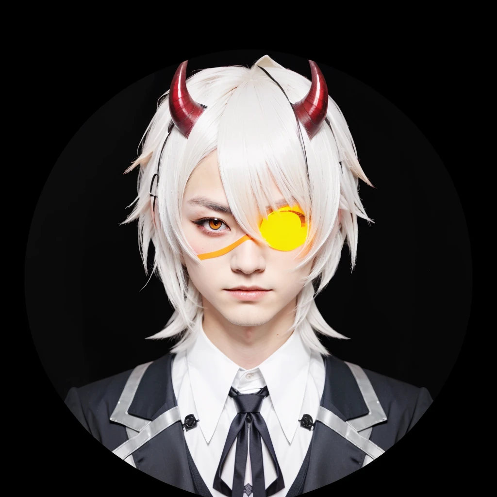 A korean man with silver hair, white gloves, cool, black suit with red pattern, there is a golden bird robot in his right hand