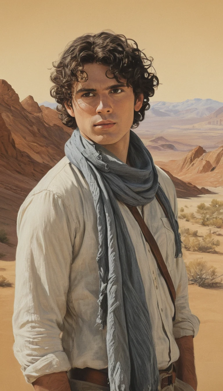 An illustrated movie poster, hand-drawn, full color, a male explorer, 28 years-old, resembles Gavin Leatherwood, wearing a linen shirt and a shemagh scarf, sun-tanned skin, stocky physique, deep brown eyes, wide bulbous nose, black hair, curly hair, thick bushy eyebrows, extremely hairy chest, stomach, and arms, lots of body hair, posing in a desert oasis, hard shadows, graphite shading, stencil markings, airbrushed acrylic paint, masterpiece, in the style of Lord of the Rings
