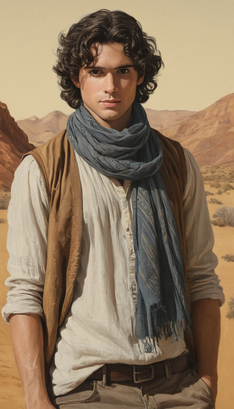 An illustrated movie poster, hand-drawn, full color, a male explorer, 28 years-old, resembles Gavin Leatherwood, wearing a linen shirt and a shemagh scarf, sun-tanned skin, stocky physique, deep brown eyes, wide bulbous nose, black hair, curly hair, thick bushy eyebrows, extremely hairy chest, stomach, and arms, lots of body hair, posing in a desert oasis, hard shadows, graphite shading, stencil markings, airbrushed acrylic paint, masterpiece, in the style of Lord of the Rings 