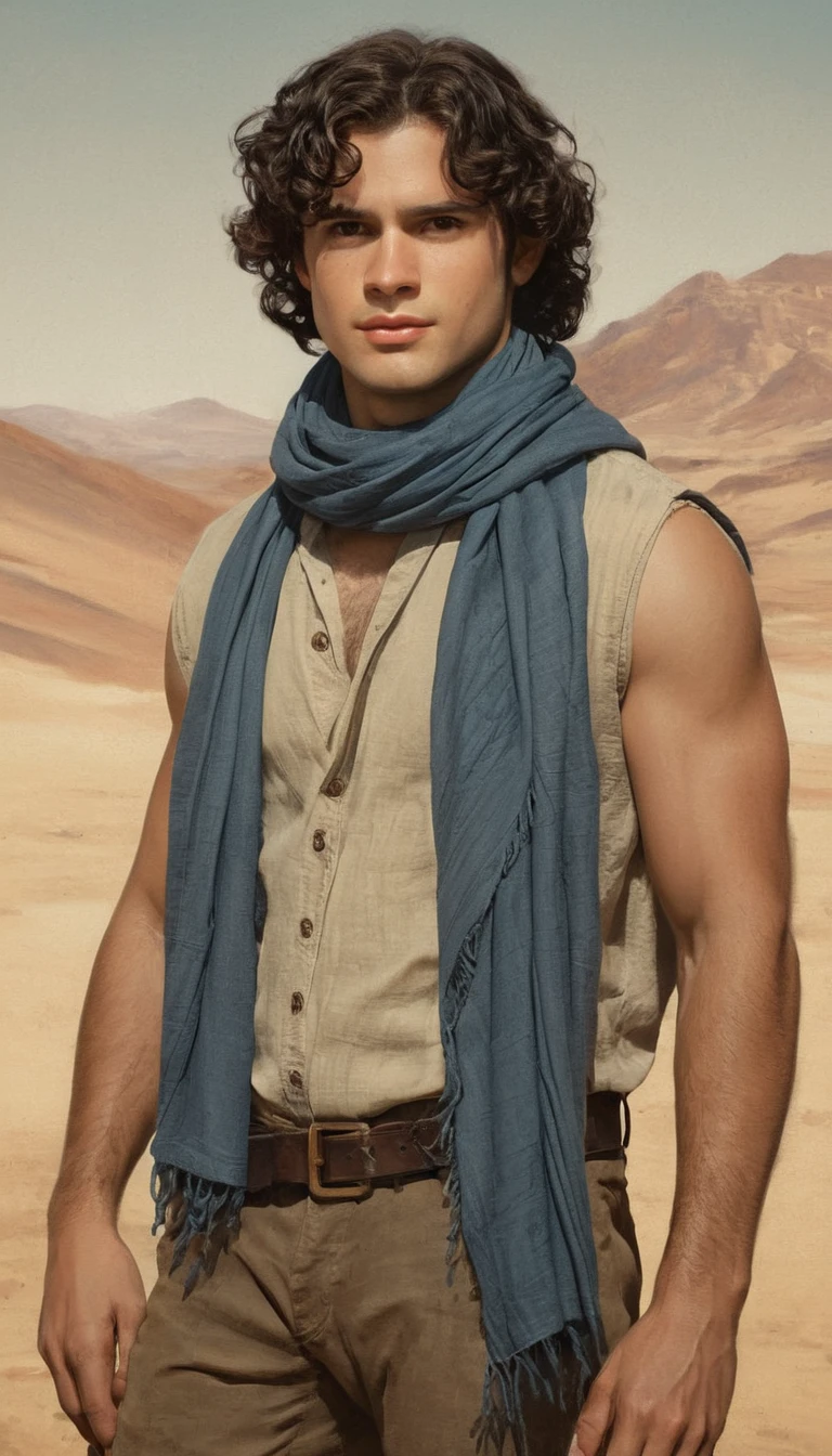 An illustrated movie poster, hand-drawn, full color, a male explorer, 28 years-old, resembles Gavin Leatherwood, wearing a linen shirt and a shemagh scarf, sun-tanned skin, stocky physique, deep brown eyes, wide bulbous nose, black hair, curly hair, thick bushy eyebrows, extremely hairy chest, stomach, and arms, lots of body hair, posing in a desert oasis, hard shadows, graphite shading, stencil markings, airbrushed acrylic paint, masterpiece, in the style of Lord of the Rings