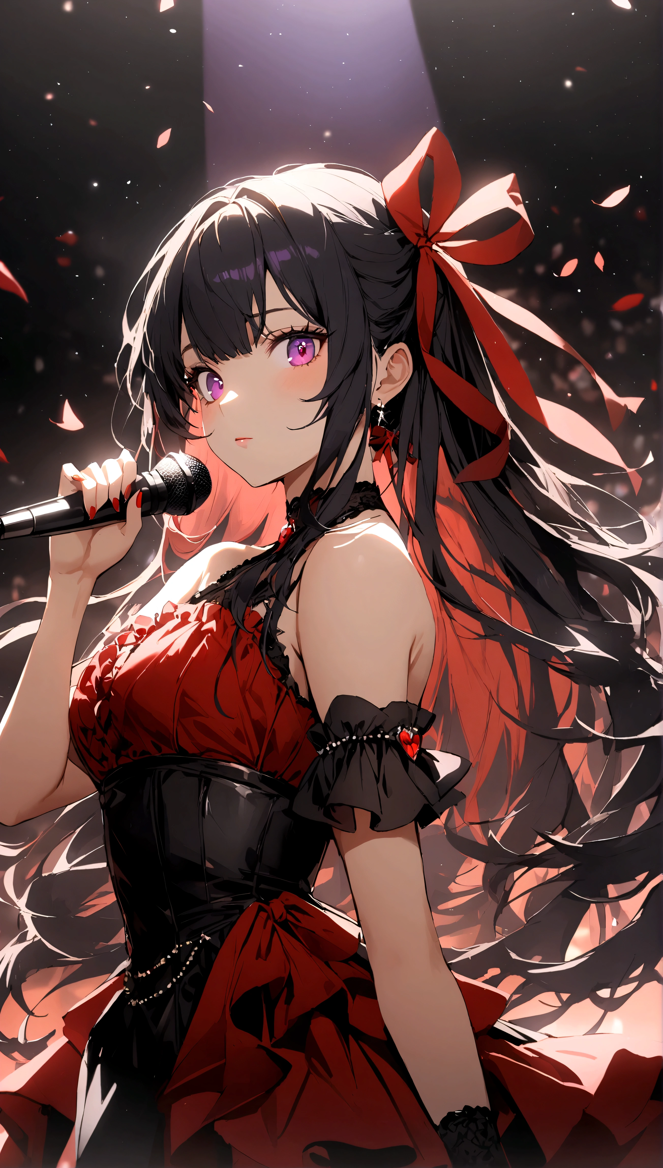 1girl, bare shoulders, black hair, hair ribbon, long hair, looking at viewer, microphone, purple eyes, red eyes, red ribbon, ribbon, solo