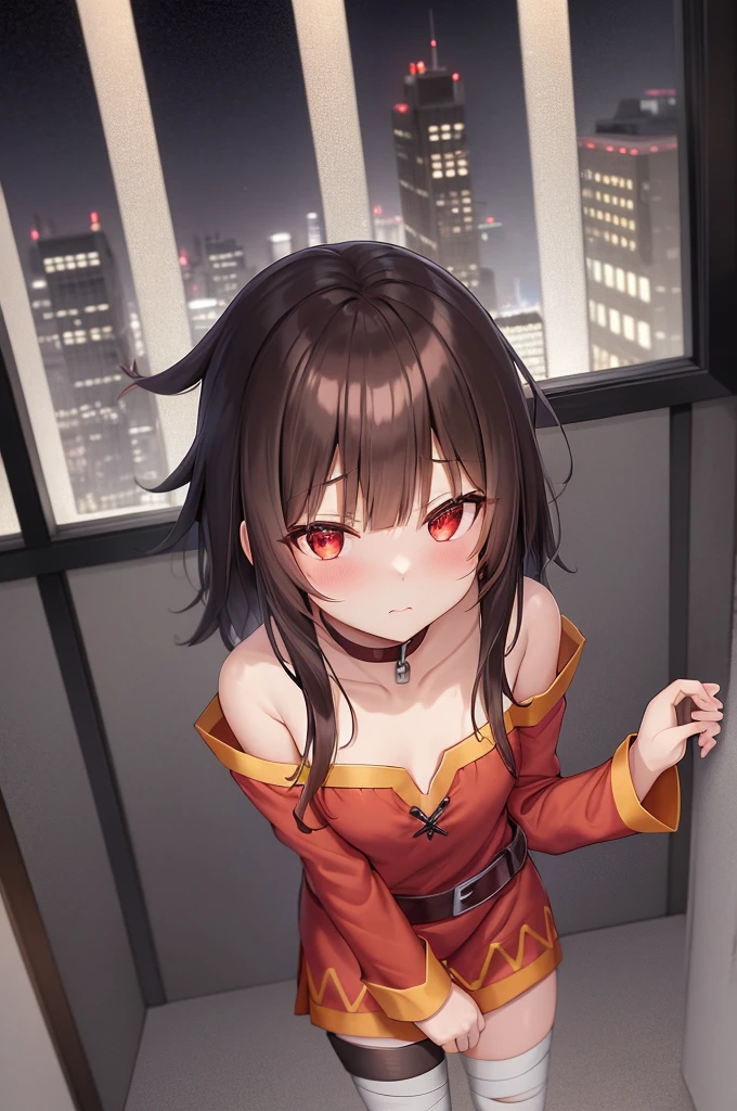 Megumin, One girl,alone,Short and long hair,Brown Hair,Red Eyes,Small breasts,clavicle,Red dress,Nipples,Gold border,Black choker,Bandage on leg,Hotel Rooms,Night view of skyscrapers,Orange lighting,Top view,Looking down angle,
