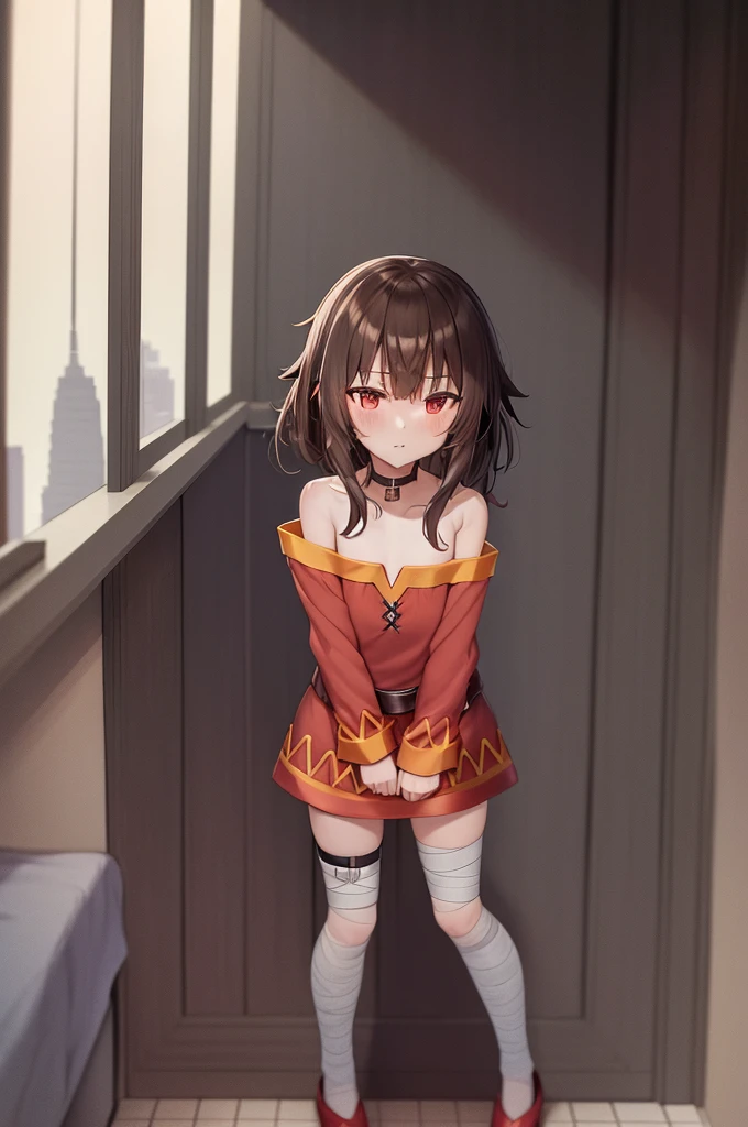 Megumin, One girl,alone,Short and long hair,Brown Hair,Red Eyes,Small breasts,clavicle,Red dress,Gold border,Black choker,Bandage on leg,Hotel Rooms,Standing by the window,Night view of skyscrapers,Orange lighting,Top view,Tile Floor,