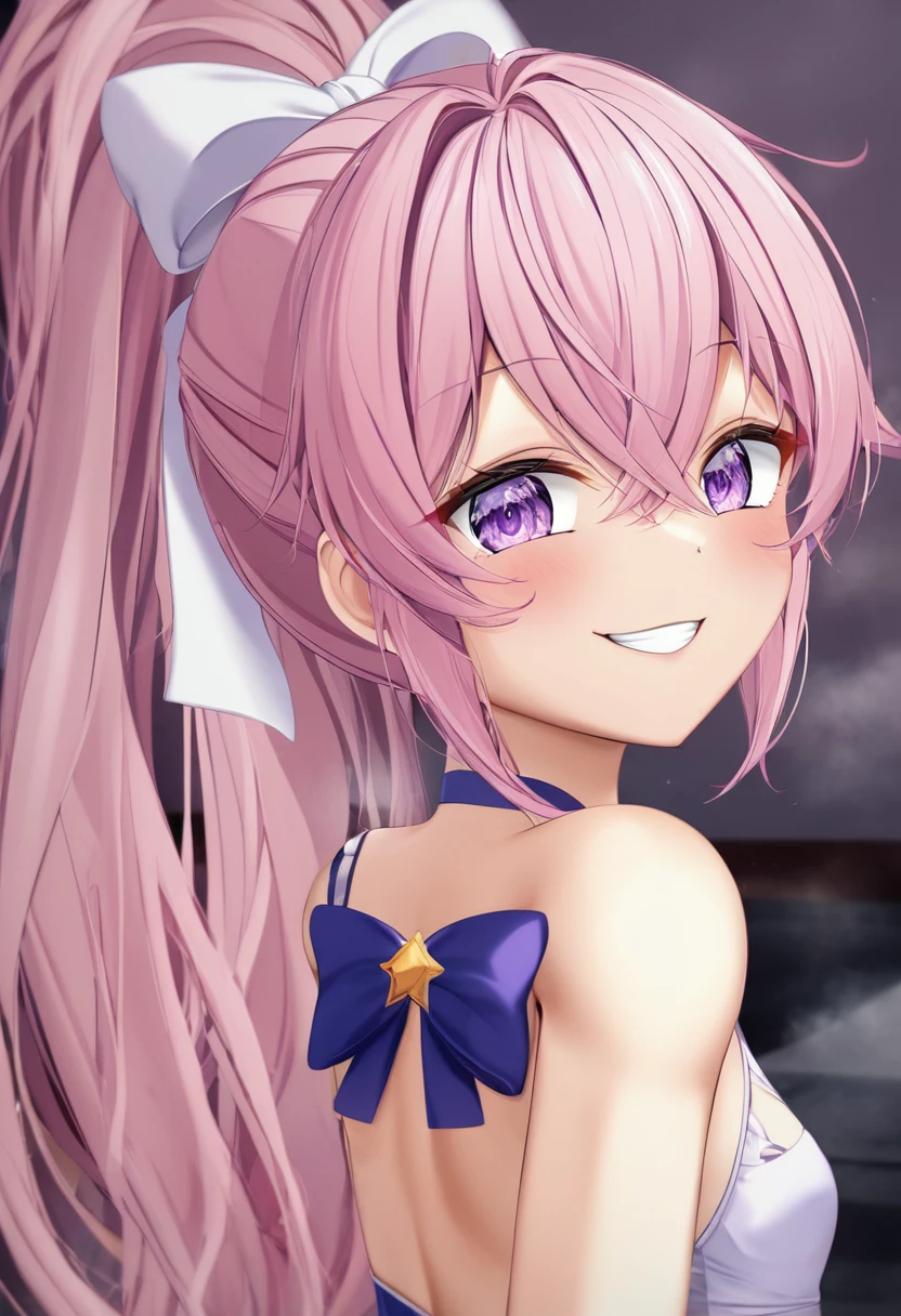 (((masterpiece)))(((Highest quality)))(((8K)))(((4K)))One Little Girl、10 years old、Straight Hair、(Pink Hair)Pink high ponytail、Ribbon on head、Crossed bangs、Light purple eyes、Squint your eyes、((Smile with your mouth closed))、(((かわいいサマードレス)))、Small breasts、Diagonally from behind、turn around、Upper Body、Anime Style