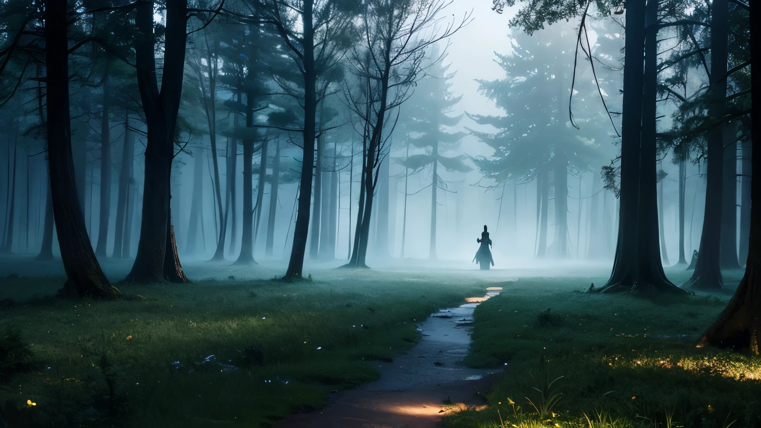 Hidden Kingdom ,
Dense Fog ,
Deep Forest ,
Mysterious ,
Ancient Trees ,
Glowing Lights, 
Enchanted Atmosphere,
Legendary Treasure,
Fulfill Wishes,
Dangerous Journey,
Young Adventurer,
Determined Expression,  
Forbidden Forest,
Magical Aura,
Cloaked Figure,
Sword and Map,
Misty Path,
Twilight Sky,
Ethereal Beauty