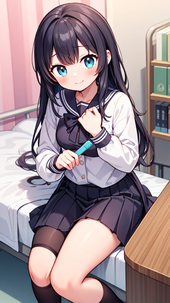 {Highest quality], [so beautiful], [Ultra-fine], [Best illustrations], Browsing Caution,Black Hair, Hime cut, Long Hair, With bangs, girl,high school student,uniform,knit,skirt,smile, blush, Slender women, Adult female,(public),,diagonal, Navy blue knee socks,Black Loafers.night,Health Room,Lying in bed feeling unwell