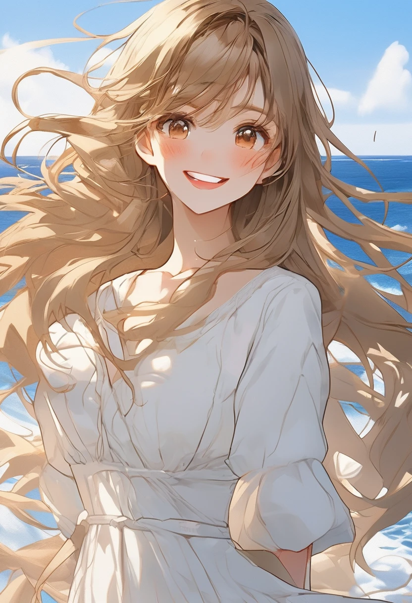Beautiful face girl、Blonde long hair、Smiling with teeth showing、The wind is blowing, Ocean view background、Very deep background、Golden Ratio、Golden Ratio、Brown Hair, Brown eyes, Ocean, Low - Angle, Vibrant colors, White Dress, Paint splashes, Simple Background, Ray Tracing, long wavy hair、masterpiece、、Super detailed、8K