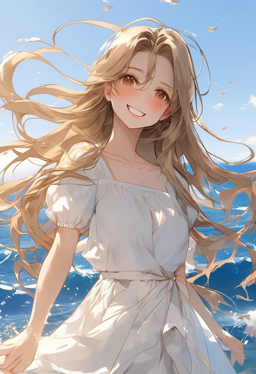 Beautiful face girl、Blonde long hair、Smiling with teeth showing、The wind is blowing, Ocean view background、Very deep background、Golden Ratio、Golden Ratio、Brown Hair, Brown eyes, Ocean, Low - Angle, Vibrant colors, White Dress, Paint splashes, Simple Background, Ray Tracing, long wavy hair、masterpiece、、Super detailed、8K