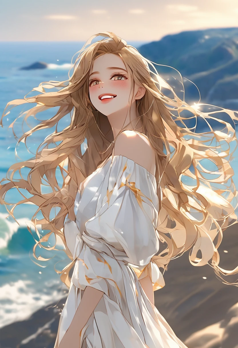 Beautiful face girl、Blonde long hair、Smiling with teeth showing、The wind is blowing, Ocean view background、Very deep background、Golden Ratio、Golden Ratio、Brown Hair, Brown eyes, Ocean, Low - Angle, Vibrant colors, White Dress, Paint splashes, Simple Background, Ray Tracing, long wavy hair、masterpiece、、Super detailed、8K