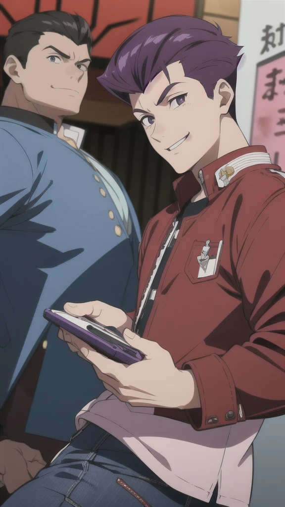 Bad boy, low angle, purple pompadour, red jacket and jeans, looking at camera, smiling, Tokyo city，Pocket Hand，anime
