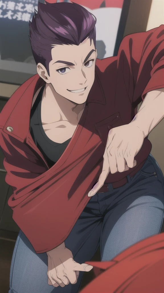 Bad boy, low angle, purple pompadour, red jacket and jeans, looking at camera, smiling, Tokyo city,Pocket Hand,anime