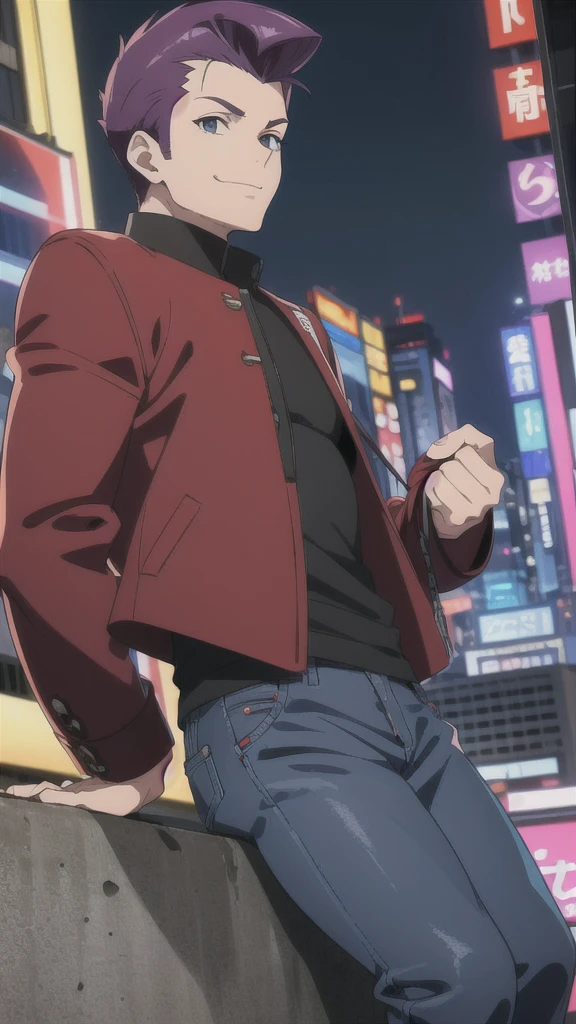 Bad boy, low angle, purple pompadour, red jacket and jeans, looking at camera, smiling, Tokyo city,Pocket Hand,anime