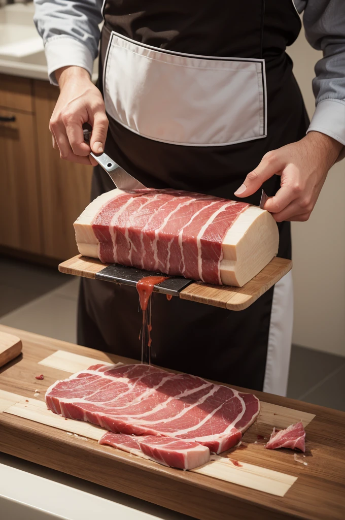 A fat butcher cutting meat