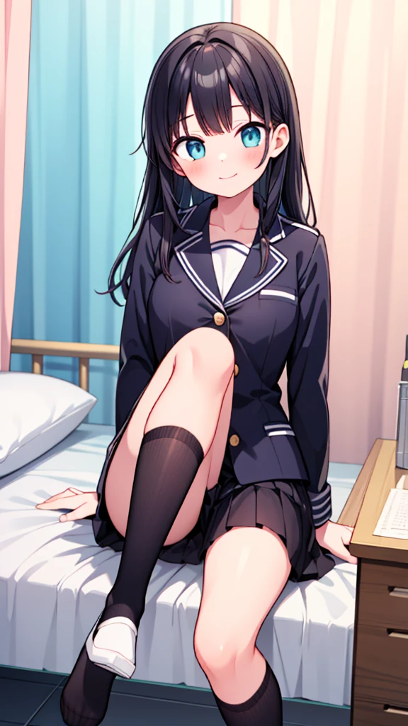 {Highest quality], [so beautiful], [Ultra-fine], [Best illustrations], Browsing Caution,Black Hair, Hime cut, Long Hair, With bangs, girl,high school student,uniform,knit,skirt,smile, blush, Slender women, Adult female,(public),,diagonal, Navy blue knee socks,Black Loafers.night,Health Room,Lying in bed feeling unwell