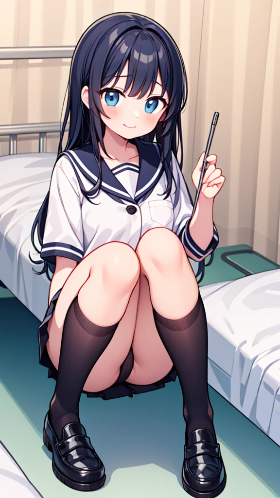 {Highest quality], [so beautiful], [Ultra-fine], [Best illustrations], Browsing Caution,Black Hair, Hime cut, Long Hair, With bangs, girl,high school student,uniform,knit,skirt,smile, blush, Slender women, Adult female,(public),,diagonal, Navy blue knee socks,Black Loafers.night,Health Room,Lying in bed feeling unwell