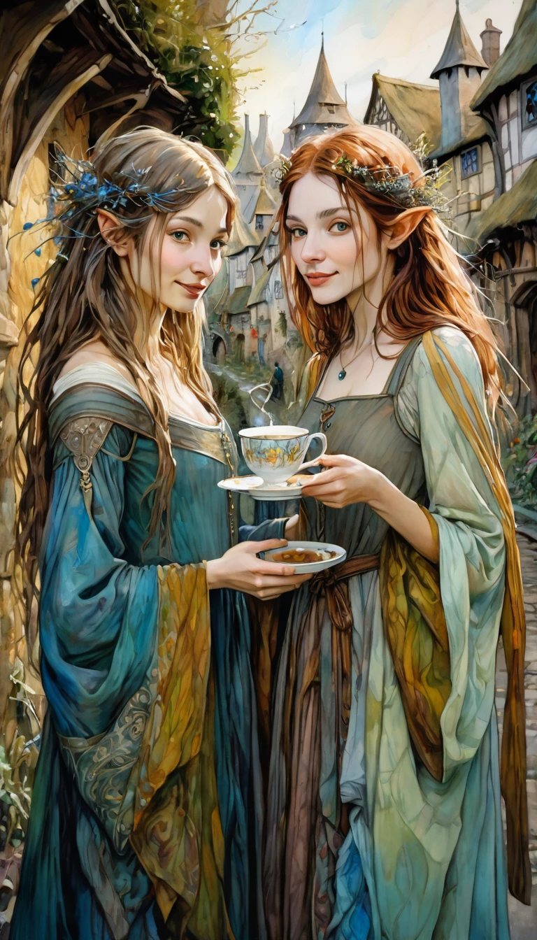 a woman and a girl pass a luxurious cup from one to another happy, joy, medieval village in landscape view (art inspired by Brian Froud and Carne Griffiths and Wadim Kashin, intricate details, oil painting)
