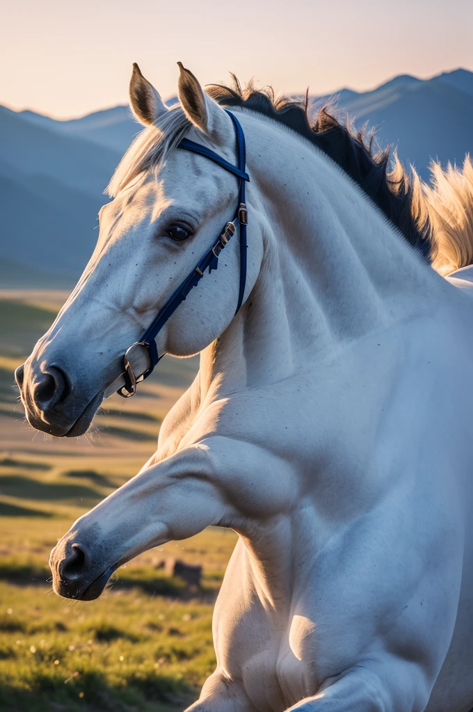 (masterpiece, 最high quality, high quality, High resolution:1.4), detailed,Soft indirect lighting, 4K,blue sky,Mongolia,White horse and ,running
