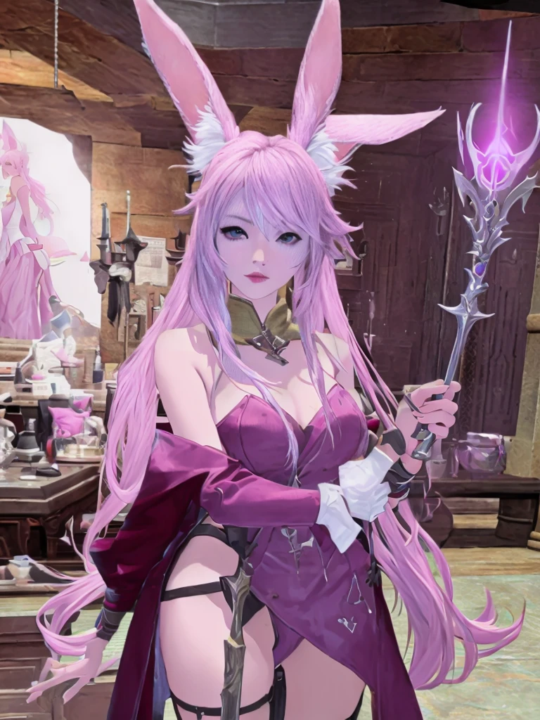 There is a woman with pink hair and bunny ears standing in a room, final fantasy style 14, final fantasy 14 sharp, neferpitou, Final Fantasy XIV, Final Fantasy 1 4 screenshot, She is in the potions workshop, wearing cyber bunny ears, ffxiv, close-up portrait of an artificer, Final Fantasy 1 4, tiflin hermosa con su traje de caballera negra sosteniendo una espada en un lobby del juego y pose de guerrera