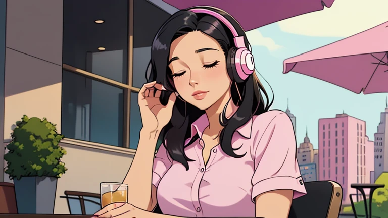 Beautiful woman in her up 30s with black hair is sitting with headphones on the cafe terrace. Looking down, eyes closed, LOFI girl, alone in the room, pink blouse, relaxing mood, cozy, only five fingers, new york, colorful, Well-proportioned face, female Beautiful fingers