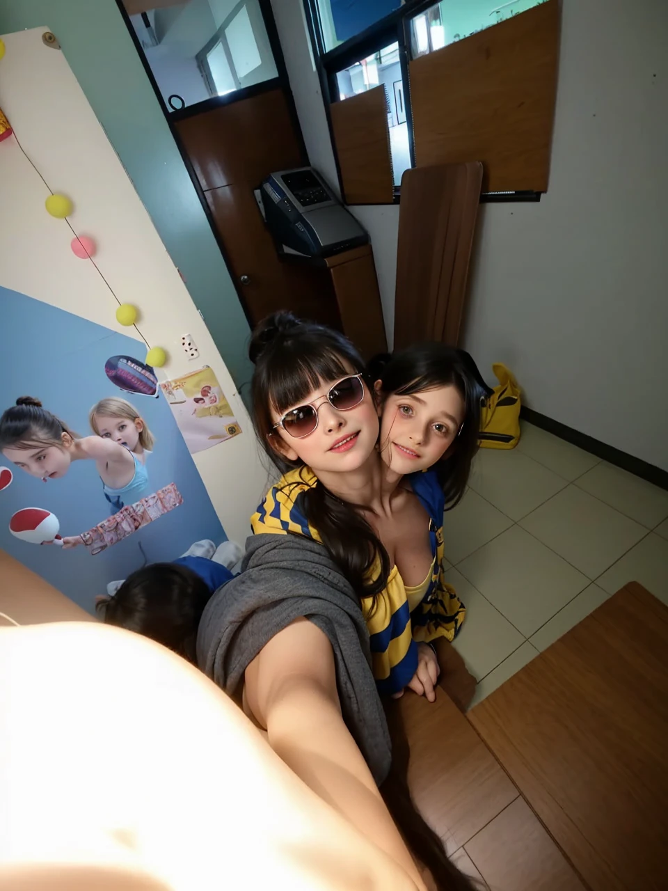 best resolution, 2heads, half-body shot, conjoined, dicephalus, two japanese women with two heads , blonde hair, hair bun, long hair, different faces,hands on head, mouth open,, shocked, tanktop, indoor background