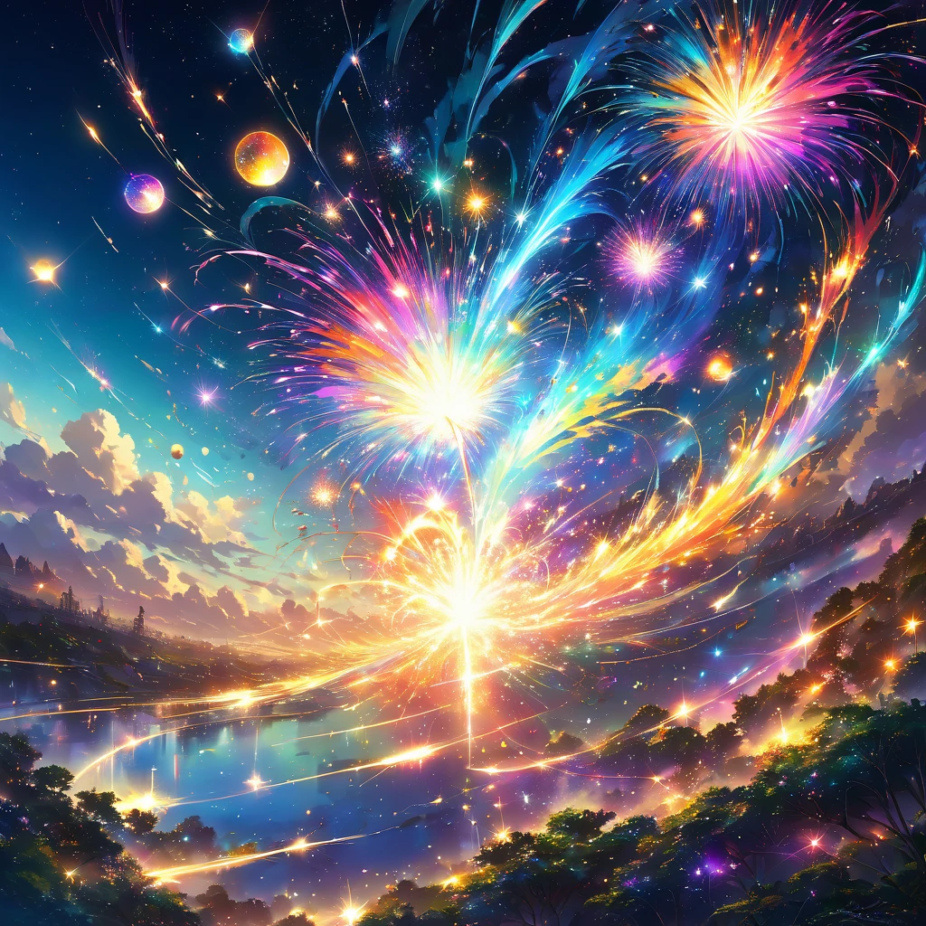 A colossal firework explodes in a swirling nebula of iridescent colors, its form an abstract dance of light and energy. The firework's tendrils twist and turn, creating impossible geometric patterns that shimmer and pulse against the backdrop of a thousand shimmering stars. Distant planets, bathed in the glow of the explosion, appear as colorful orbs scattered across the canvas. The overall effect is both chaotic and beautiful, a testament to the boundless possibilities of imagination. beautiful anime scenery, landscape painting, beautiful digital painting, andreas rocha, illustration of beautiful artwork, amazing wallpaper, raymond swanland, tall beautiful painting, studio ghibli makoto shinkai, beautiful wallpaper, anime scenery Surreal, dreamlike, abstract, vibrant, glowing, ethereal, cosmic, magical, no humans