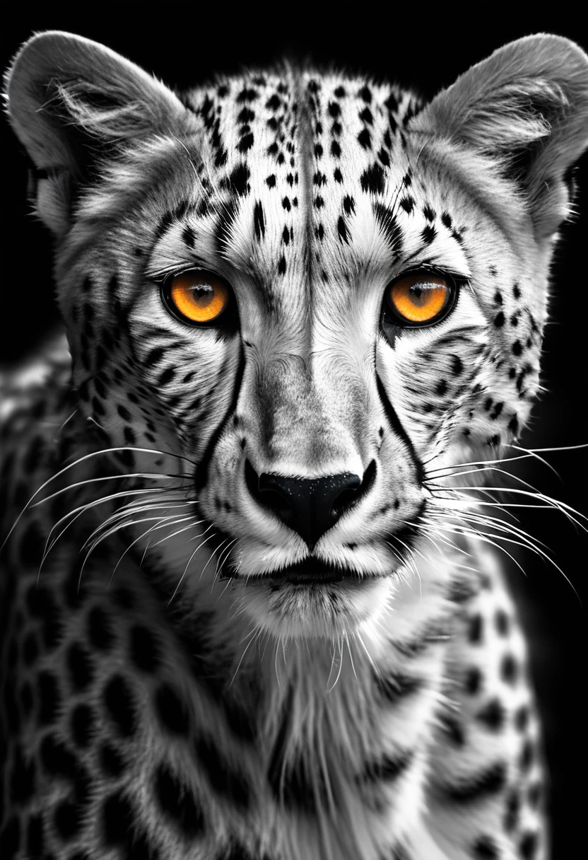 1 cheetah, intense orange eyes, black and white, black background, (best quality,4k,8k,highres,masterpiece:1.2),ultra-detailed,(realistic,photorealistic,photo-realistic:1.37),highly detailed animal portrait, dramatic lighting, powerful predator, fierce expression, captivating gaze, sleek spotted fur, muscular build, low angle shot, close-up view, minimalist composition, high contrast