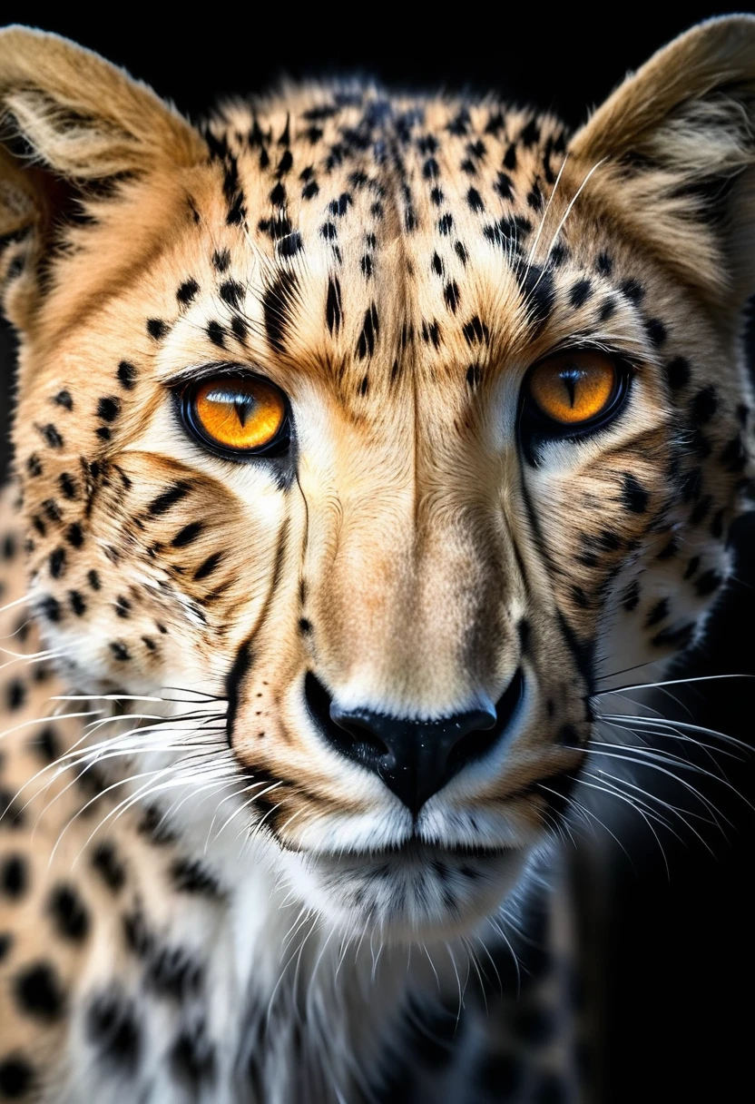 1 cheetah, intense orange eyes, black and white, black background, (best quality,4k,8k,highres,masterpiece:1.2),ultra-detailed,(realistic,photorealistic,photo-realistic:1.37),highly detailed animal portrait, dramatic lighting, powerful predator, fierce expression, captivating gaze, sleek spotted fur, muscular build, low angle shot, close-up view, minimalist composition, high contrast