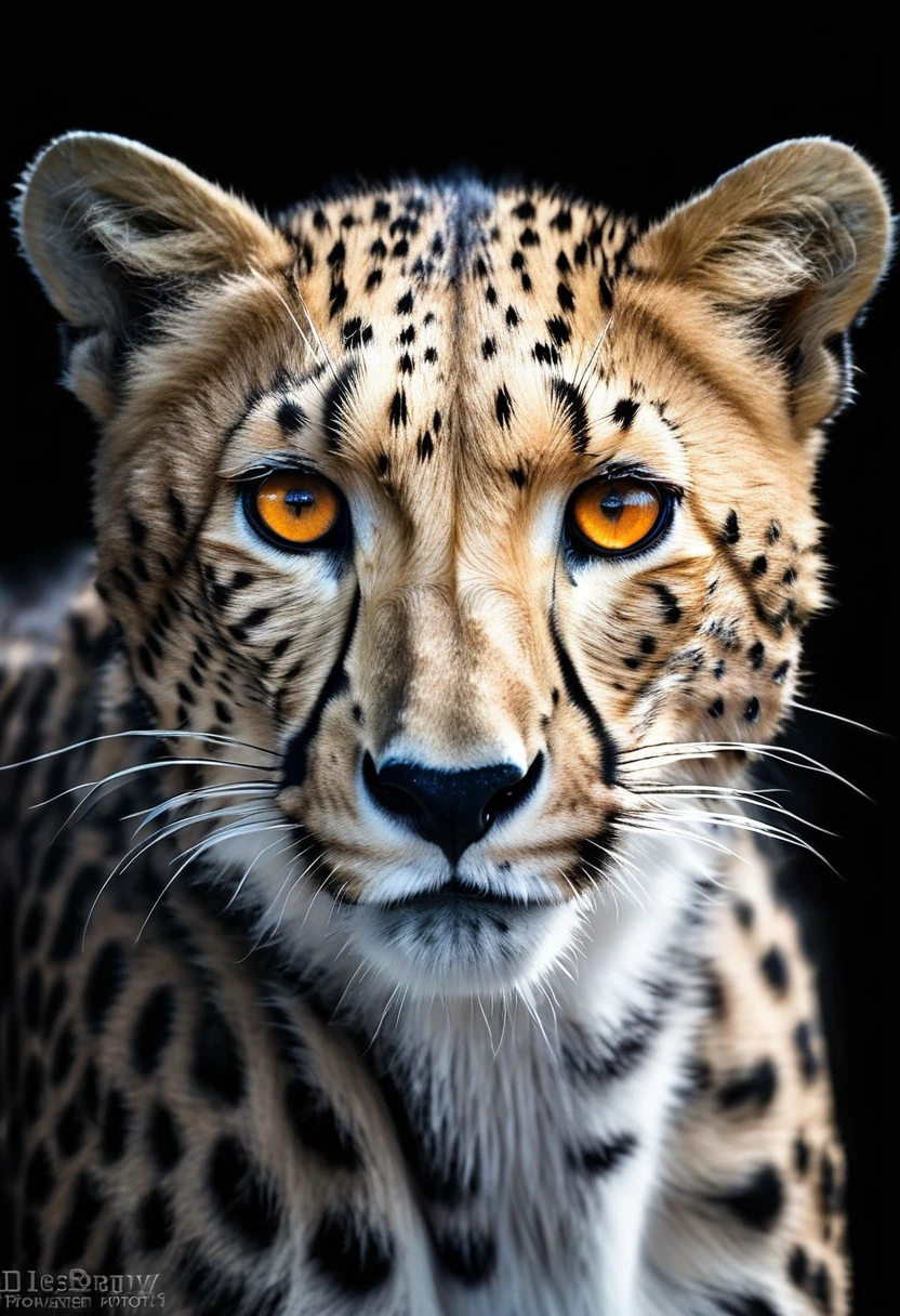 1 cheetah, intense orange eyes, black and white, black background, (best quality,4k,8k,highres,masterpiece:1.2),ultra-detailed,(realistic,photorealistic,photo-realistic:1.37),highly detailed animal portrait, dramatic lighting, powerful predator, expression, captivating gaze, sleek spotted fur, muscular build, low angle shot, close-up view, minimalist composition, high contrast