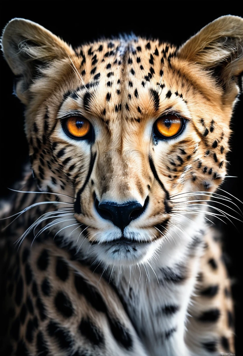 1 cheetah, intense orange eyes, black and white, black background, (best quality,4k,8k,highres,masterpiece:1.2),ultra-detailed,(realistic,photorealistic,photo-realistic:1.37),highly detailed animal portrait, dramatic lighting, powerful predator, fierce expression, captivating gaze, sleek spotted fur, muscular build, low angle shot, close-up view, minimalist composition, high contrast