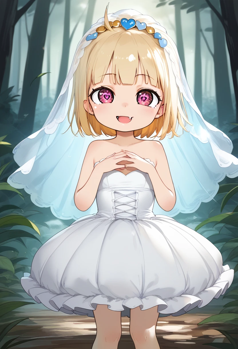 score_9, score_7_up, score_6_up, source_cartoon, source_anime,1girl,breathtalking Scenery,watercolor,smooth soft skin, natural skin,
BREAK
(little female child:1.8), (loli:1.8), 4 years old, (loli toddler:1.1),flat chest,baby face,oily skin, ultra cute face, happy smile,beautiful eyes, detailed eyes
BREAK
(short blond hair:1.6) messy hair,(fang:1.1), (pink eyes:1.1), puffy eyes, antenna hair,double tooth,(blond hair:1.1),
BREAK
(empire-Line wedding dress:1.1),(silk veil:1.3),high heel,silk cape,
BREAK
In a secluded setting, surrounded by a dense forest, the bog lay hidden like a secret gem, its misty surface whispering tales of ancient times,dynamicangle,dynamicpose,action,