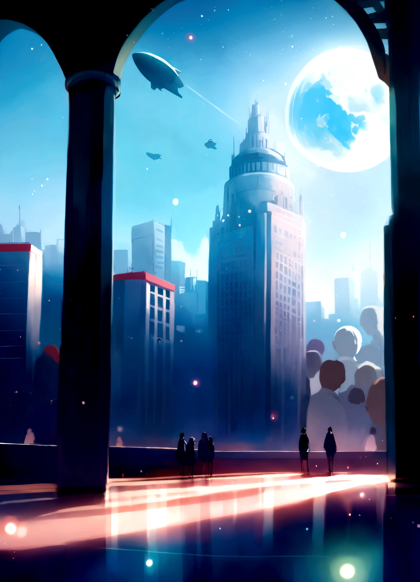 inside a luxury office building, tall columns, vaulted ceilings, spacious hall, interior of the future, space academy interior, behind the high arched windows there is a city with skyscrapers, spaceships fly across the sky, frame from the floor, illustration, white-gray shades,  (((people are missing))), illustration для фона, even lighter